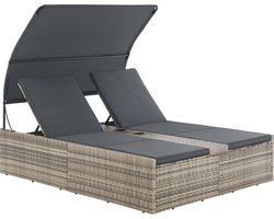 Juskys Polyrotan Loungebed / Ligbed Syros - Grijs - 2 personen - Incl. Kussens & Zonnedak
