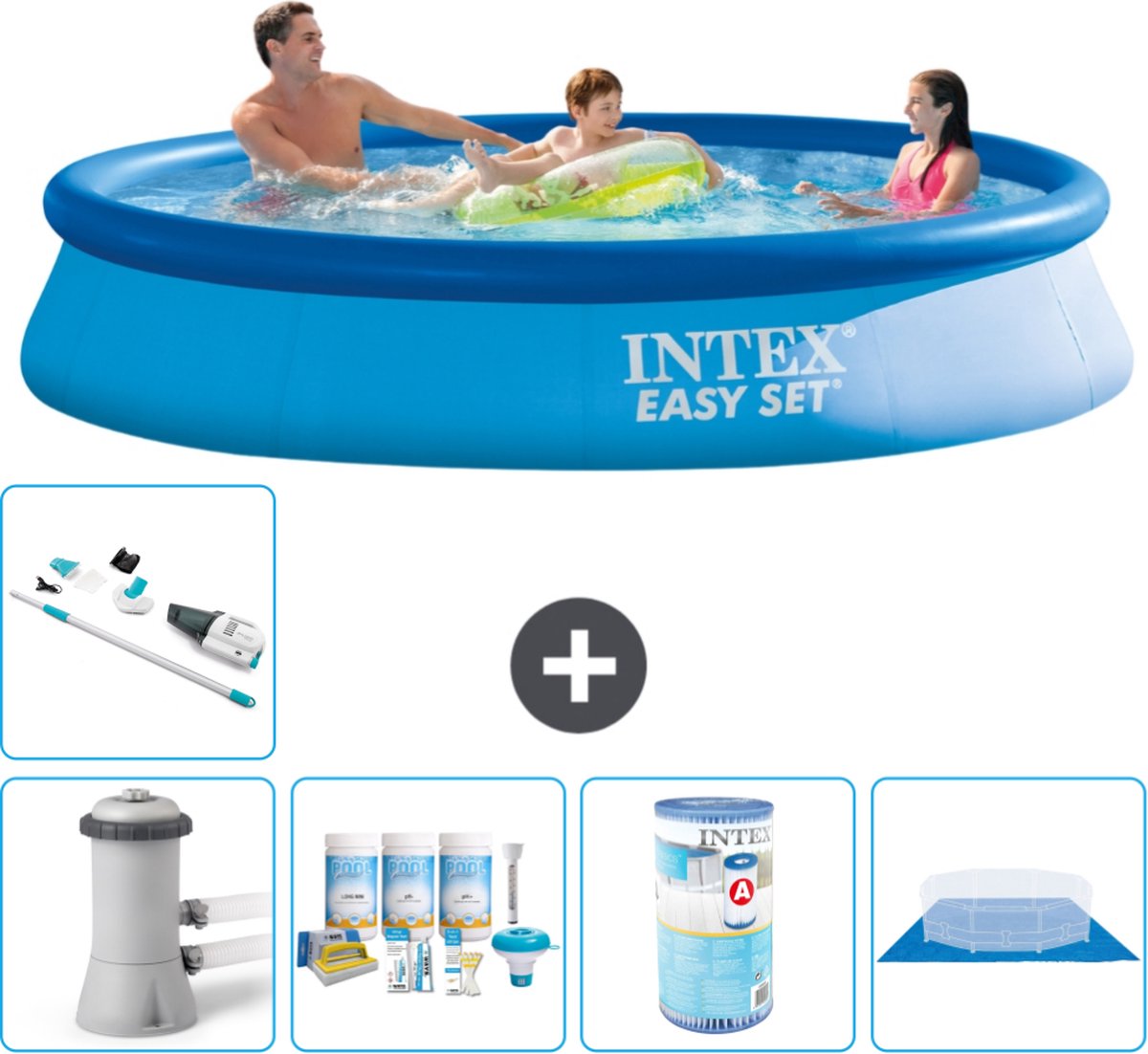 Intex Rond Opblaasbaar Easy Set Zwembad - 366 x 76 cm - Blauw - Inclusief Pomp - Onderhoudspakket - Filter - Grondzeil - Stofzuiger - Solar Mat - 7-delig