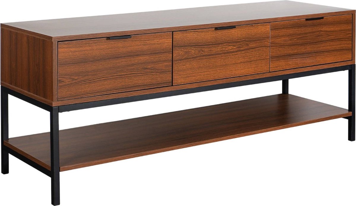 sweeek Tv-meubel in walnootkleurig hout met zwart metalen onderstel en handgrepen