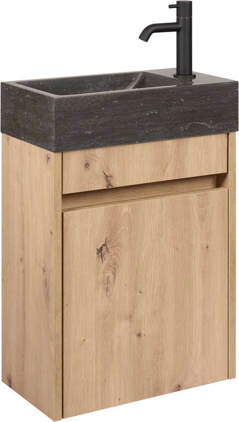Saqu Florence Toiletmeubel - 40x22x60 cm - Voorgemonteerd - in Naturel met Hardste Fontein Rechts - Fonteinmeubel - WC Kastje - WC Meubel