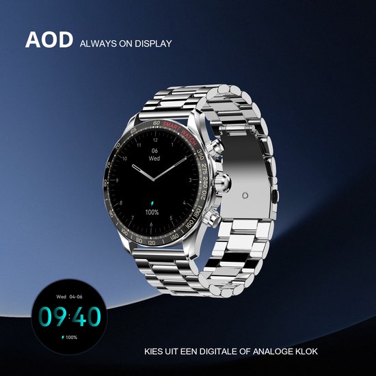 Maoo Titan AMOLED Smartwatch Heren - Stainless Steel en 2 TPU bandjes - Stappenteller - Hartslagmeter - Slaapmonitor - Multisport - Geschikt voor Android en iOS - Zilver