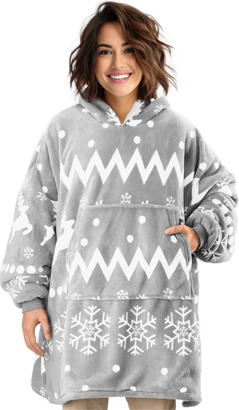 Homelevel unisex hoodie deken - XL - Zachte fleece - Voor volwassenen - Voor man en vrouw - Met zakken en capuchon - Lichtgrijs met witte print