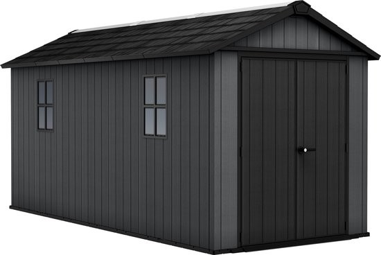 Grijs tuinhuis Keter Newton met dubbele deuren, twee ramen en donkergrijs shingled dak.