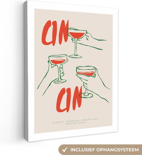 Tableau sur toile 30x40 cm - Décoration murale Verres à cocktail - Cin Cin - Rouge - Abstrait - Accessoires de décoration murale - Décoration de cuisine murale - Tableaux sur toile