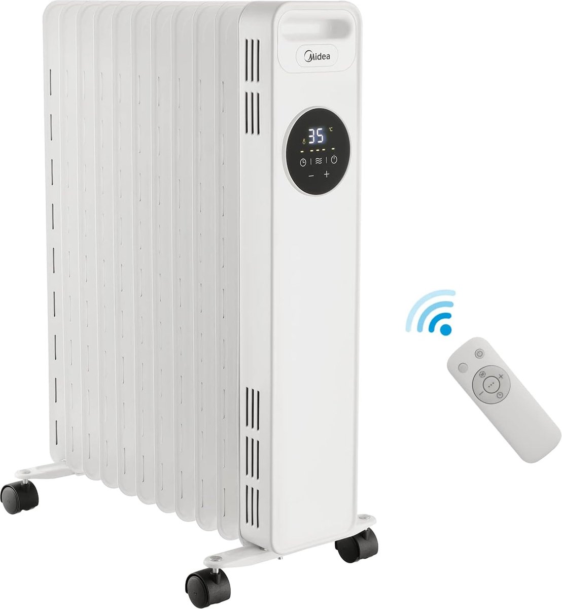Midea olieradiator 2300W, luchtverhitter, energiebesparend, stil, elektrische kachel met 11 ribben, thermostaat, 24-uurs timer, 3 verwarmingsniveaus met afstandsbediening, LED-display, kantel- en oververhittingsbeveiliging, ECO-modus