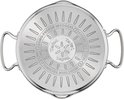 Onderkant van een roestvrijstalen pan met handvatten, met Tefal inductieaanduiding.