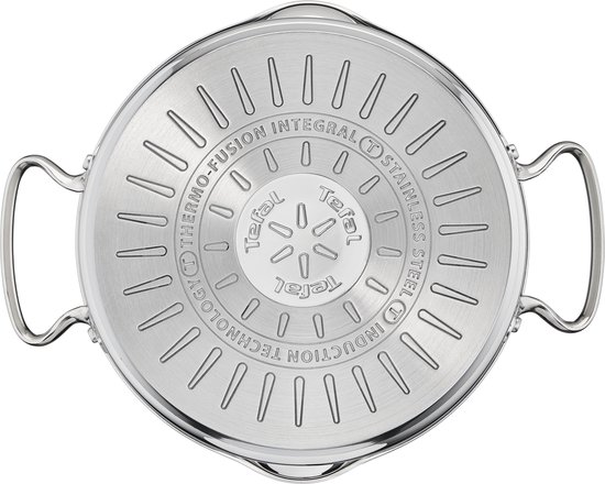 Onderkant van een roestvrijstalen pan met handvatten, met Tefal inductieaanduiding.