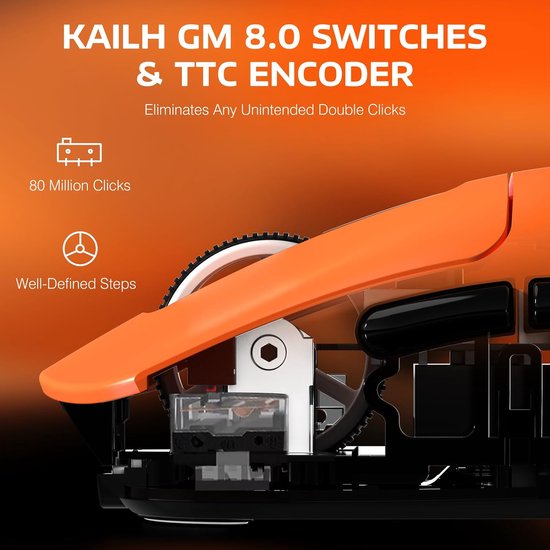 Gedetailleerde opname van het interieur van een oranje gamingmuis, met de KAILH GM 8.0 schakelaars en TTC encoder.