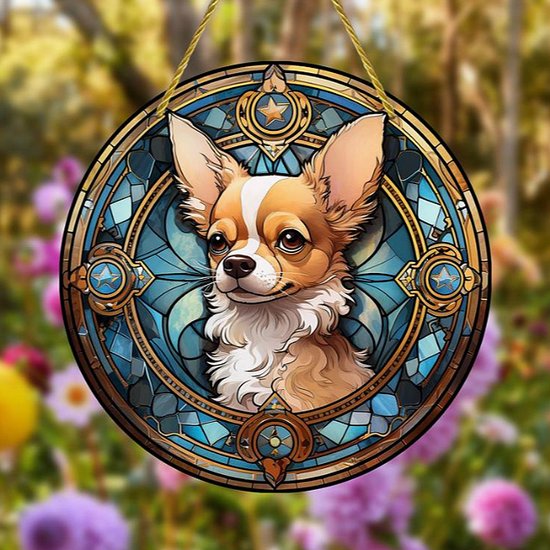 Allernieuwste.nl® Raamhanger Raamdecoratie Lieve Chihuahua - Kleurige Zonnevanger Rond Acryl met Ophangtouw - Honden - Glas in Lood Suncatcher Rond model 15 cm %%