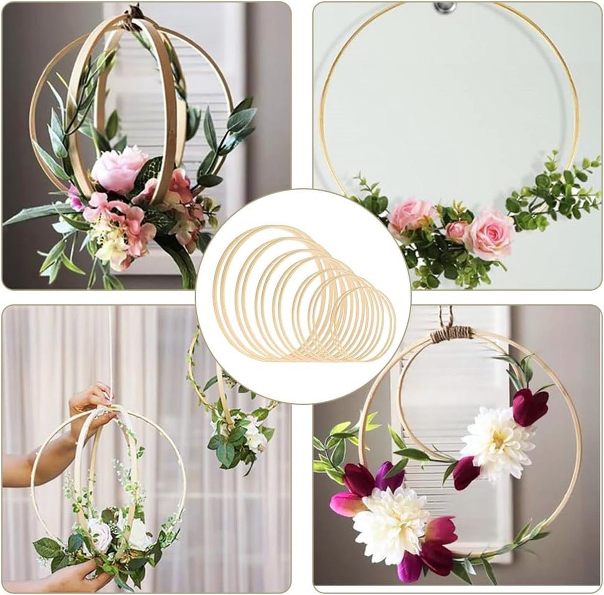 Lot De 16 Anneaux En Bambou Naturel – 4 Tailles (10/15/18/23 Cm) – Idéal Pour Attrape-Rêves, Couronnes & Bricolage DIY