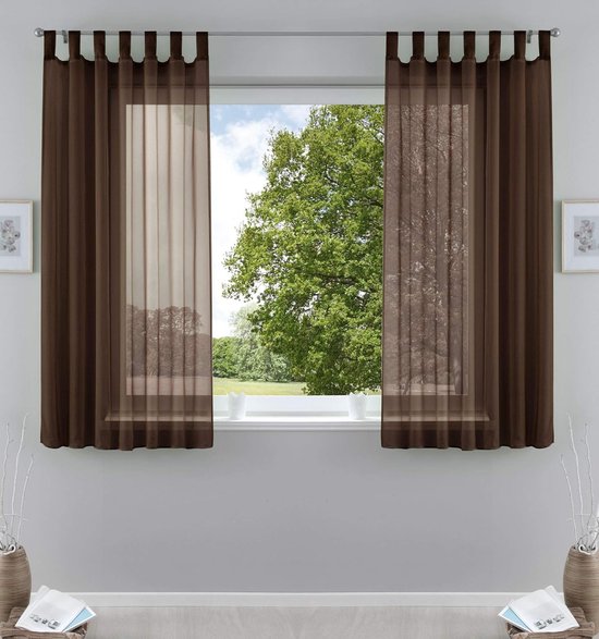 Set van 2 gordijnen, transparante gordijnset, woonkamer, voile, lusgordijn met loodbandsluiting, HxB 175 x 140 cm, bruin