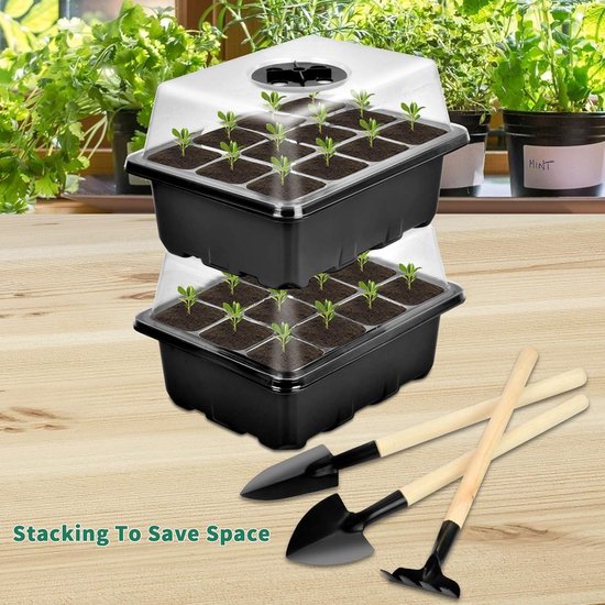 Mini-broeikas, 5 kweekbakken met licht, kweekschaal met hoog deksel, zaailingstarters, kweekset, 10 etiketten, 2 gereedschappen, voor zaailingen en planten