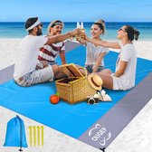 Stranddeken, zandvrij, picknickdeken, waterdicht, oversized, 230 x 200 cm, strandhanddoek, 4 bevestigingshoeken voor het strand, wandelen, kamperen en outdoor, blauw + grijs