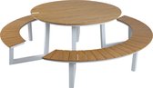 AXI Taco Table de pique-nique avec 2 bancs Rond Blanc avec Polywood aspect teck - Structure en aluminium peint par poudrage - Table et bancs avec plateau et assise en Polywood - 200x190cm