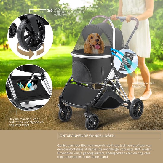 YITAHOME Hondenbuggy, tot 11,3 kg, inklapbaar, kattenwagen, 360 graden slijtvaste EVA-wielen, opbergmand, netramen, bekerhouder, hondenwagen voor kleine honden, kattenbuggy (zwart