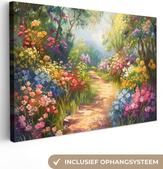 Canvas schilderij 60x40 cm - Wanddecoratie Natuur - Landschap - Bloemen - Kleurrijk - Muurdecoratie woonkamer - Slaapkamer decoratie - Kamer accessoires - Schilderijen