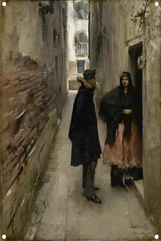 Een straat in Venetië - John Singer Sargent tuinposter - Personen poster - Tuinposters Figuratief - Posters buiten - Tuin schilderij - Tuin decoratie wanddecoratie tuinposter 70x105 cm