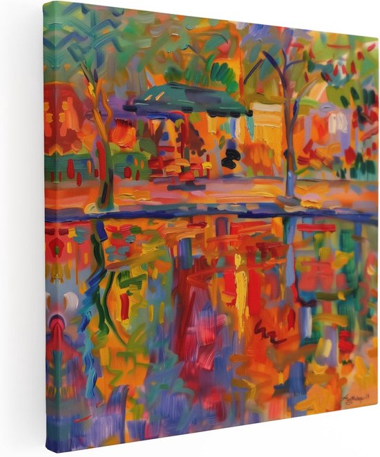 Artaza Canvas Schilderij Kleurrijk Kunstwerk van een Vijver en Bomen - 80x80 - Groot - Foto Op Canvas - Canvas Print
