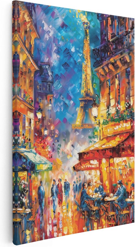 Artaza Canvas Schilderij Kunstwerk van Parijs bij Nacht met de Eiffeltoren op de Achtergrond - 60x90 - Muurdecoratie - Foto Op Canvas - Canvas Print
