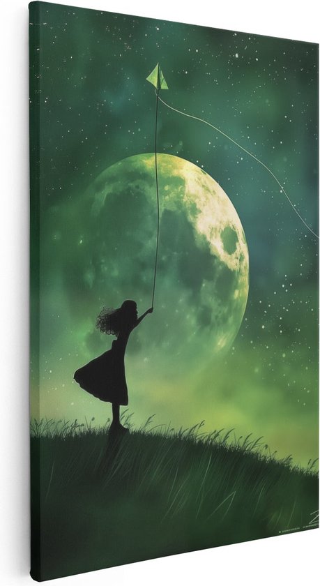 Artaza Canvas Schilderij Meisje Vliegeren in de Nachtelijke Hemel - 80x120 - Groot - Foto Op Canvas - Canvas Print