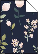Proefstaal ESTAhome behang bloemen donkerblauw, roze en groen - 139341 - 26,5 x 21 cm