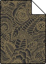 Proefstaal ESTAhome behang bloemtekeningen zwart en goud - 139563 - 26,5 x 21 cm