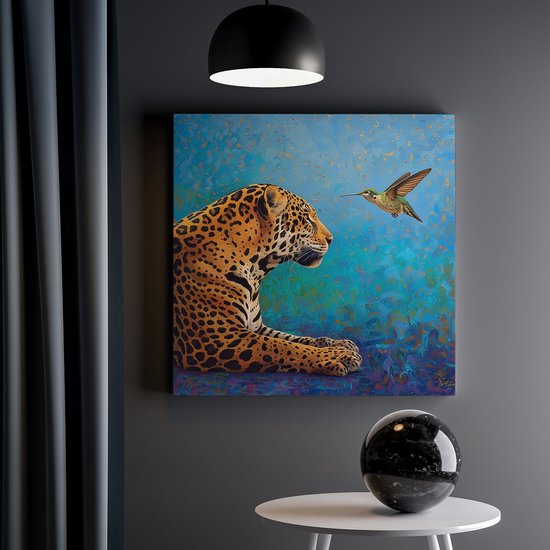 Artaza Canvas Schilderij Kunstwerk van een Jaguar en een Kolibrie - 30x30 - Klein - Foto Op Canvas - Canvas Print