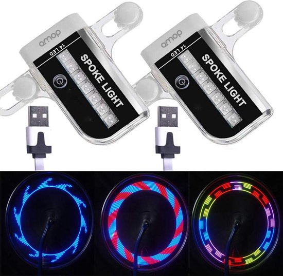 DOWO® - 2 x Spaakverlichting Fiets - USB Opladen - 30 Patronen - Draagbaar - Waterdicht - Spaakverlichting met bewegingssensor - LED Fietswiel Spaak Licht - Draagbaar - Waterdicht