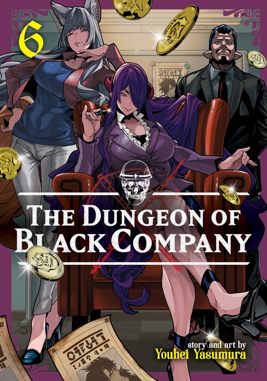 Cover van 'The Dungeon of Black Company' deel 6, met een vrouw met paars haar zittend in een stoel, geflankeerd door een vrouw met grijze oren en een man met puntige oren. Gouden munten vliegen rond.