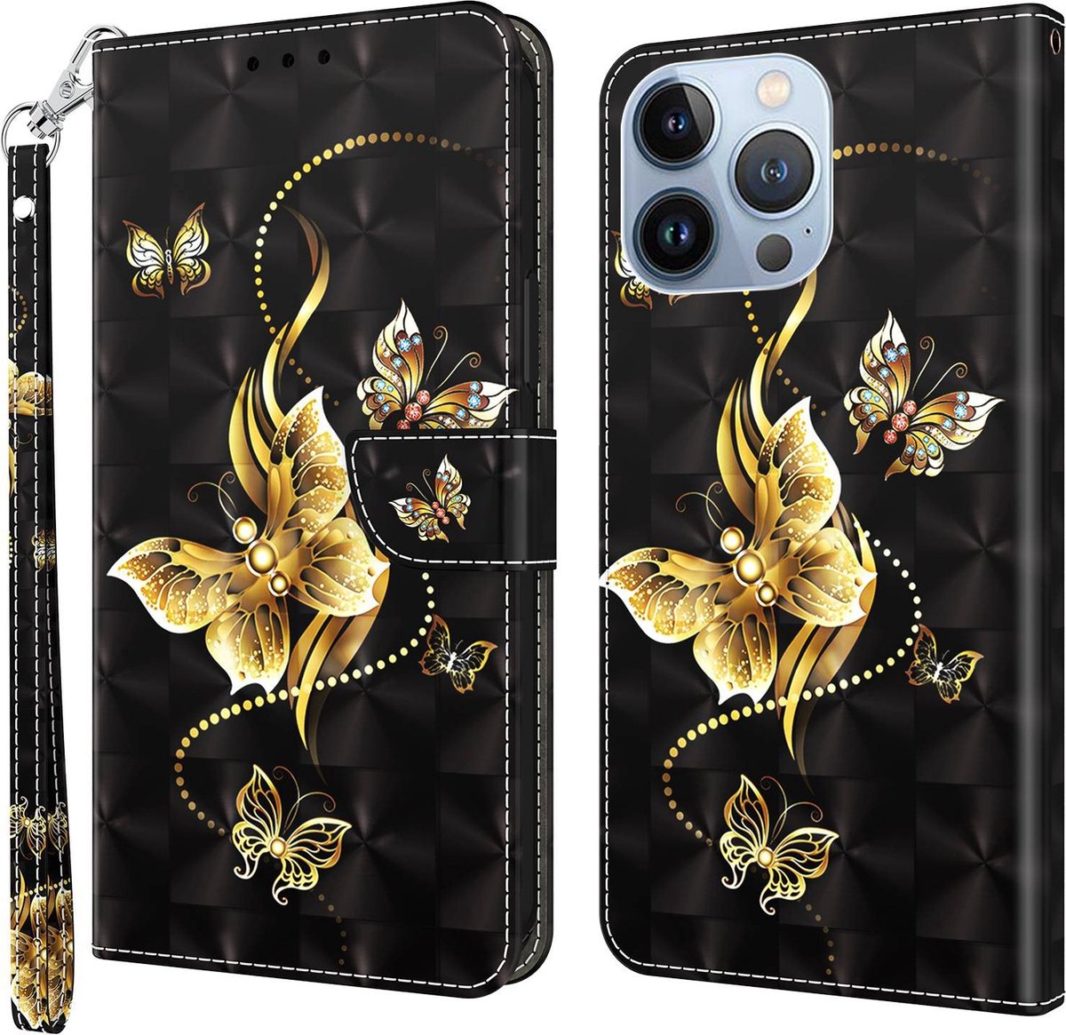 Cityhoesje-iPhone 14 Pro Max – Bookcase – 3D Print – Golden Butterflies