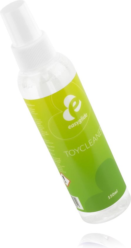 Bouteille EasyGlide Toycleaner 150 ml en biais avec étiquette verte, bouchon blanc et buse, sur fond blanc.