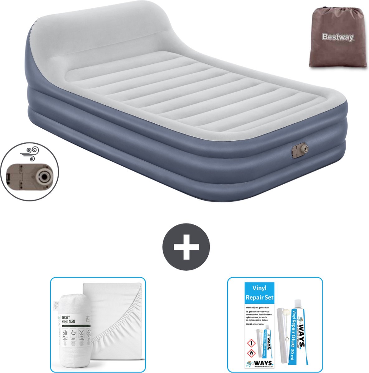 Bestway luchtbed - 2-Persoons - 152 x 226 x 46 cm - Grijs - Inclusief pomp - Hoeslaken en Reparatieset