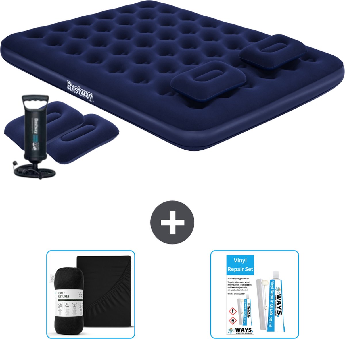 Bestway luchtbed - 2-Persoons - 152 x 203 x 22 cm - Blauw - Inclusief handpomp - kussens - Hoeslaken en Reparatieset