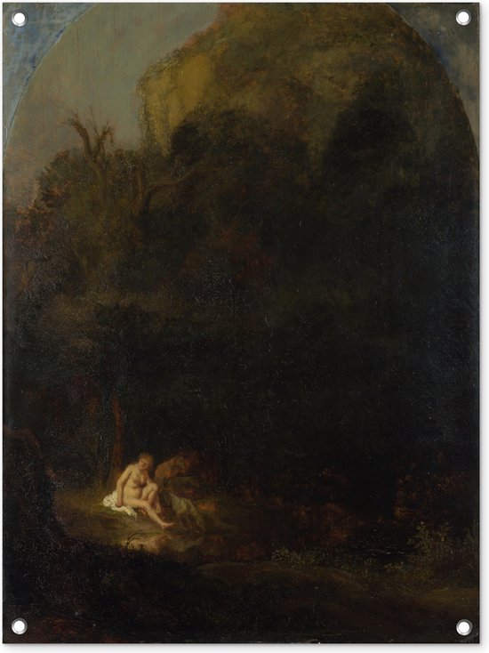 Tuinschilderij Badende Diana verrast door een sater - Rembrandt van Rijn - 60x80 cm - Tuinposter - Tuindoek - Buitenposter