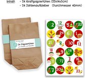 DIY adventskalender om te vullen - met 24 bruine papieren zakjes en 24 kleurrijke stickers - voor DIY en knutselen - Miniset nr. 1 - Kerstmis 2021 voor kinderen