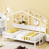 Sweiko Kinderbed 90 x 200 cm, massief houten slaapbank, wit, met leuk dak en veiligheidshek apparaat, 2 planken