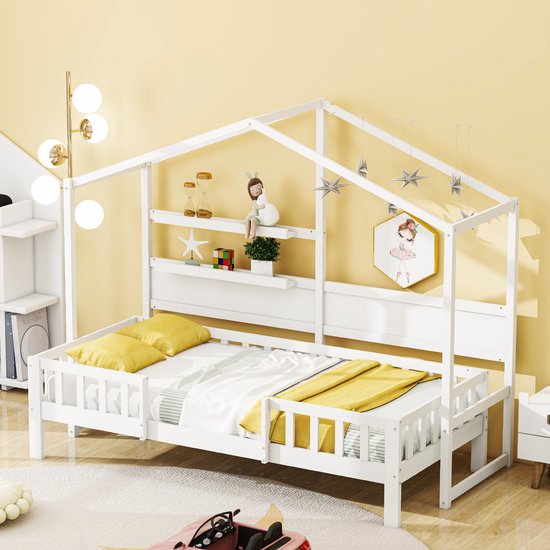 Sweiko Kinderbed 90 x 200 cm, massief houten slaapbank, wit, met leuk dak en veiligheidshek apparaat, 2 planken