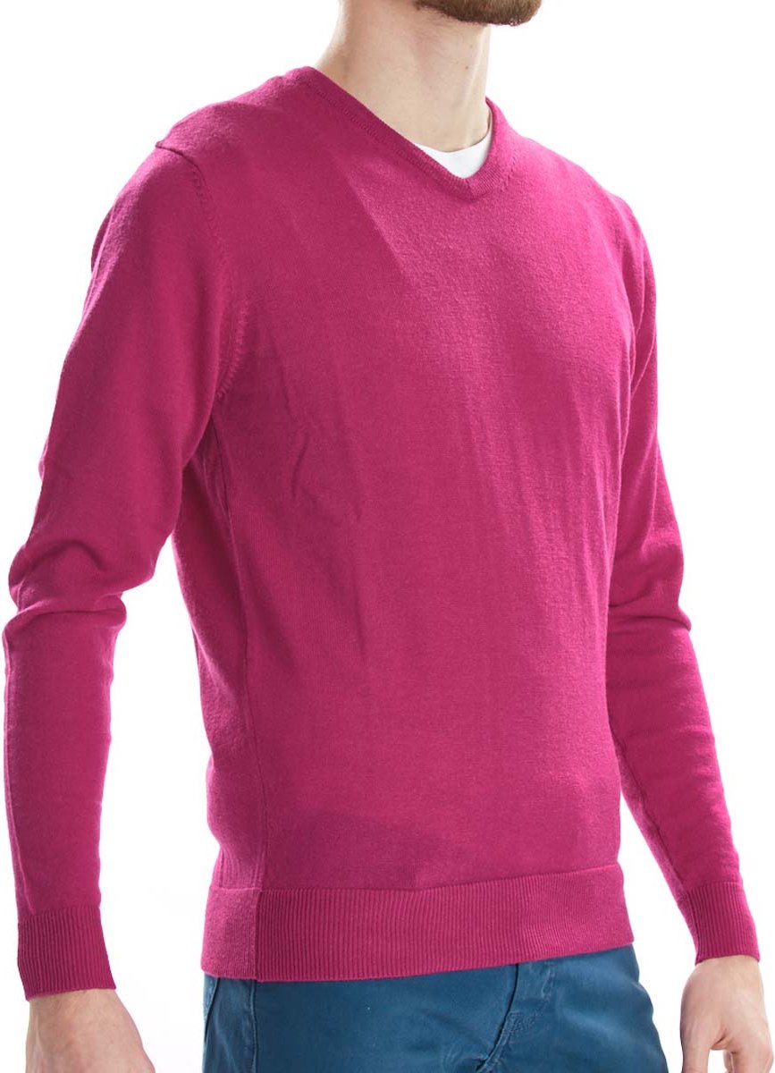 Osborne Knitwear Trui met V hals - Merino wol - Fuchsia - 3XL