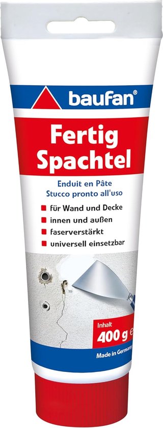 Baufan Kant-en-klare vulstof wit 400g I Voor wand- en plafondoppervlakken binnen en buiten I Vezelversterkt voor hoge sterkte I Hardt uit zonder te scheuren