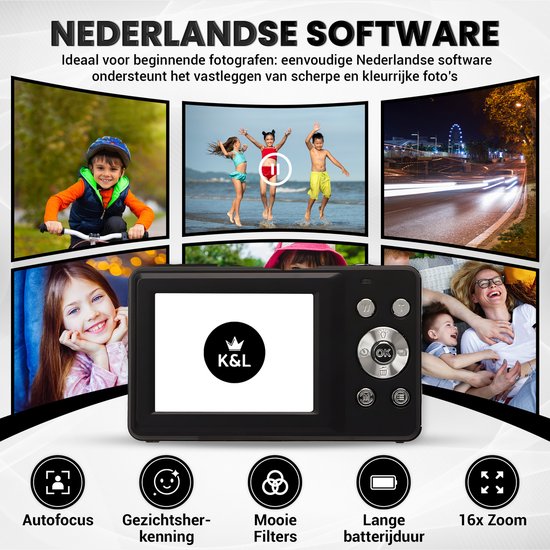 Zwarte compactcamera met Nederlandse software. Toont 5 voorbeelden van foto's: kind op fiets, kinderen op strand, nachtzicht, portret meisje, gezin lachend.