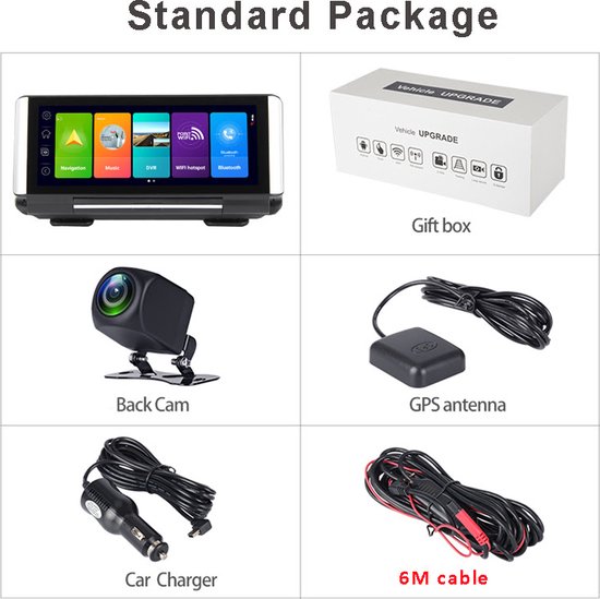 Inhoud van het standaardpakket: navigatiescherm, geschenkdoos, achteruitrijcamera, GPS-antenne, auto-oplader en 6m kabel.
