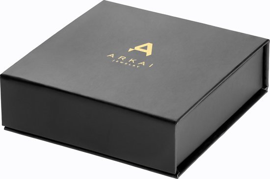 Zwarte geschenkdoos met een gouden 'ARKAI JEWELRY'-logo.