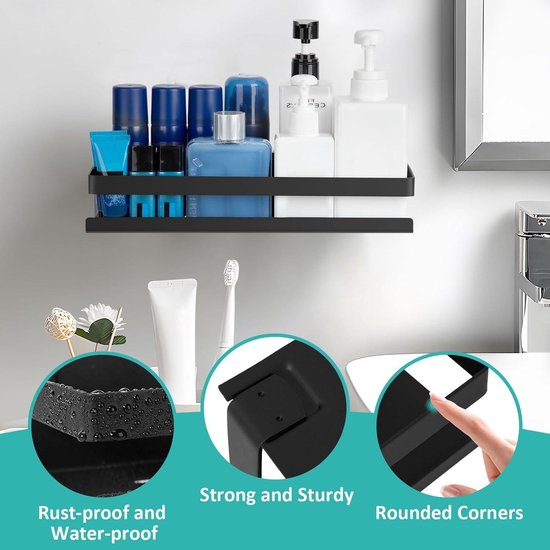 PNNP Douche Caddy Hoekplank, Badkamer Planken Geen Boren Badkamer Opslag & Organizer met Roestvrij Metaal voor Badkamer Keuken Accessoires Lijmen Sticker 2 Packs Zwart