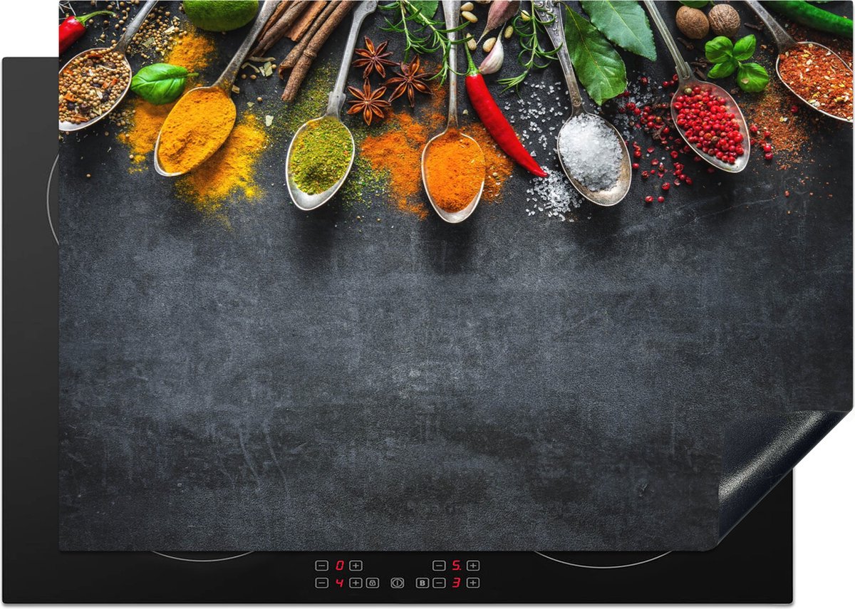 KitchenYeah® Inductie beschermer 75x52 cm - Beton print - Kruiden - Lepels - Kookplaataccessoires - Afdekplaat voor kookplaat - Inductiebeschermer - Inductiemat - Inductieplaat mat - Keuken decoratie