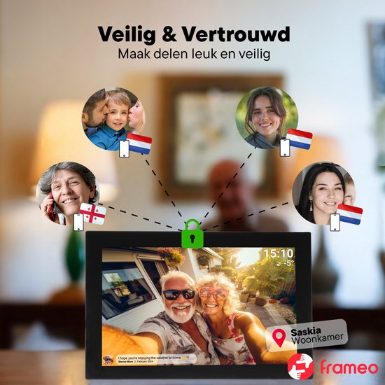 Een digitale fotolijst met een selfie van een ouder stel. Iconen van familieleden met vlaggen tonen veilig delen.