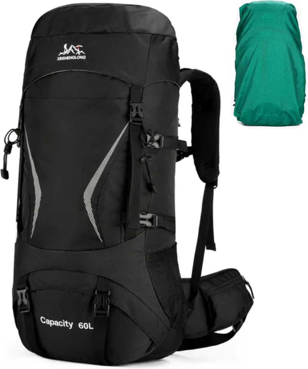 Avoir Avoir®- Hiking Backpack 60L -Zwart-Backpacks-Groot Capaciteitsontwerp - Waterdicht Nylon - 35x23x72cm - Ingebouwd Drinksysteem - Molle-systeem - Reflecterende Strips - Inclusief Regenhoes- Rugzak - Bol.com