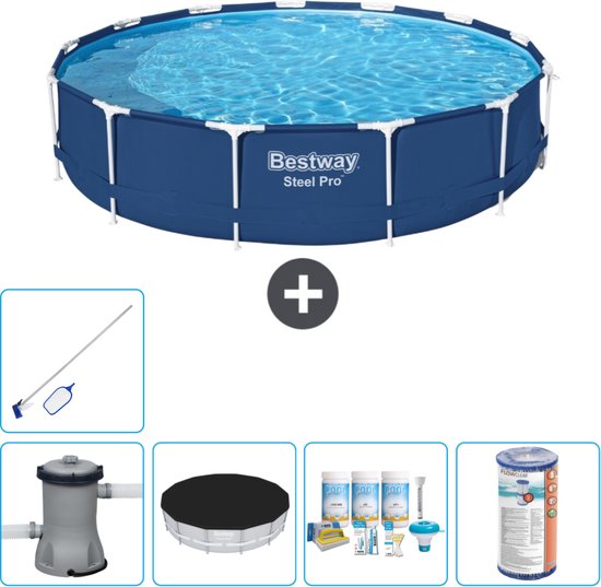 Bestway Steel Pro rond zwembad van 396 cm, blauw, inclusief filterpomp, afdekzeil, onderhoudspakket en schoonmaakset.