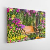 Wood chair in the flowers garden on summer./ Wood chair in the flowers garden - Modern Art Canvas  - Horizontal - 408343288 - 50*40 Horizontal
