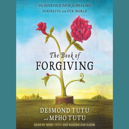 Boek 'The Book of Forgiving' met een illustratie van een roze bloem en de tekst 'The Book of Forgiving'.