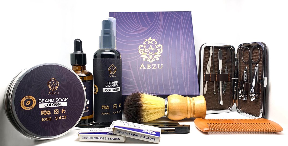 Abzu Baard Verzorging Set met Shavette Scheermes en Diervriendelijke Scheerkwast - Inclusief Baardolie, Scheermesjes, Scheerzeep en Manicure Set